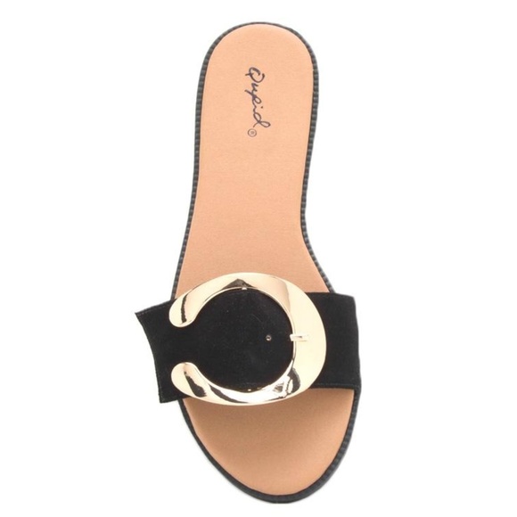 Faux Suede Gold Buckle Sandals - Picture 3 of 10